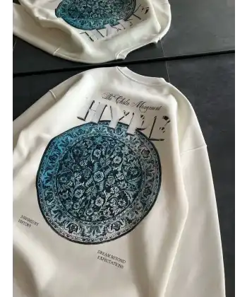 Kadın 3 İplik Pamuklu Bisiklet Yaka Baskılı SweatShirt - Beyaz