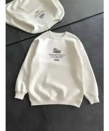 Kadın 3 iplik Pamuklu Bisiklet Yaka Baskılı SweatShirt - Beyaz