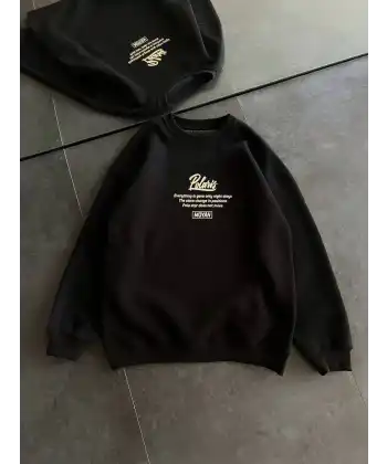 Kadın 3 iplik Pamuklu Bisiklet Yaka Baskılı SweatShirt - Siyah