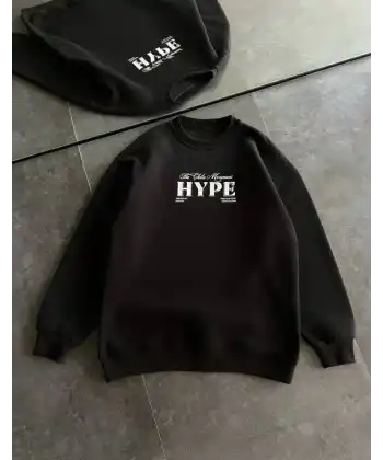 Kadın 3 İplik Pamuklu Bisiklet Yaka Baskılı SweatShirt - Siyah