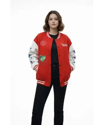 Kadın 3 İplik Pamuklu Çıtçıtlı. Baskılı Oversize Kalıp Kolej Ceket - Kırmızı