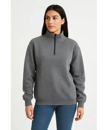 Kadın 3 İplik Pamuklu Dık Yaka Yarım Fermuarlı SweatShirt - Antrasit
