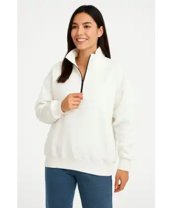 Kadın 3 İplik Pamuklu Dık Yaka Yarım Fermuarlı SweatShirt - Beyaz