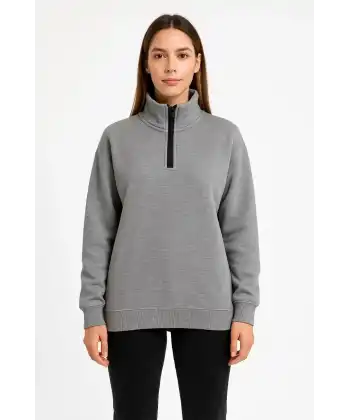Kadın 3 İplik Pamuklu Dık Yaka Yarım Fermuarlı SweatShirt - Gri