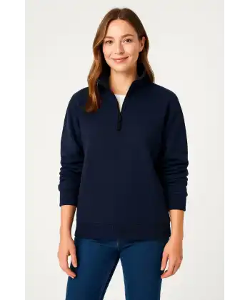 Kadın 3 İplik Pamuklu Dık Yaka Yarım Fermuarlı SweatShirt - Lacivert