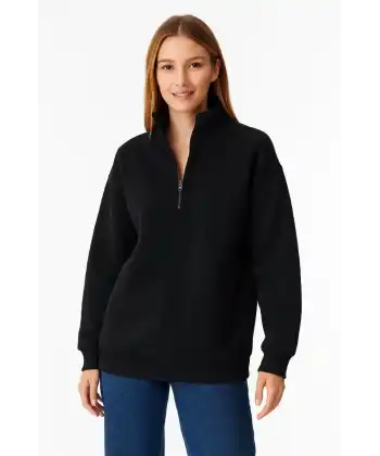 Kadın 3 İplik Pamuklu Dık Yaka Yarım Fermuarlı SweatShirt - Siyah