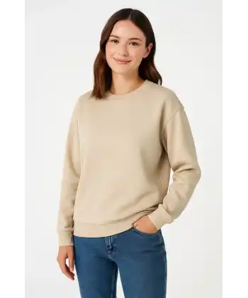 Kadın 3 İplik Pamuklu Düz Bisiklet Yaka SweatShirt - Bej