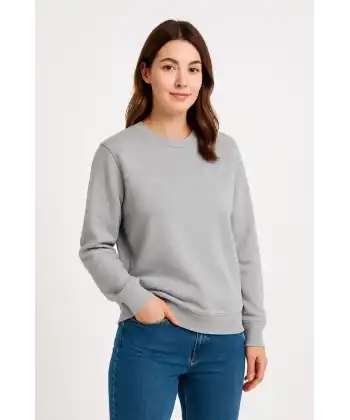 Kadın 3 İplik Pamuklu Düz Bisiklet Yaka SweatShirt - Gri