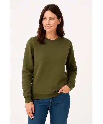 Kadın 3 İplik Pamuklu Düz Bisiklet Yaka SweatShirt - Haki