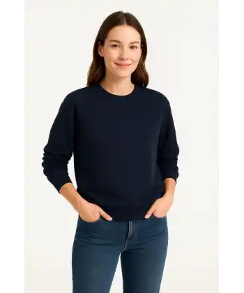 Kadın 3 İplik Pamuklu Düz Bisiklet Yaka SweatShirt - Lacivert