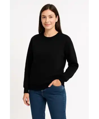 Kadın 3 İplik Pamuklu Düz Bisiklet Yaka SweatShirt - Siyah