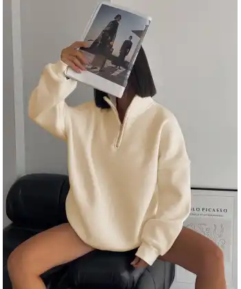 Kadın 3 İplik Pamuklu Oversize Yarım Fermuarlı Yakalı Basic Sweatshirt - Bej