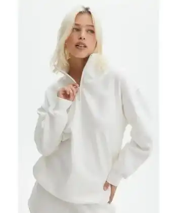 Kadın 3 İplik Pamuklu Oversize Yarım Fermuarlı Yakalı Basic Sweatshirt - Beyaz