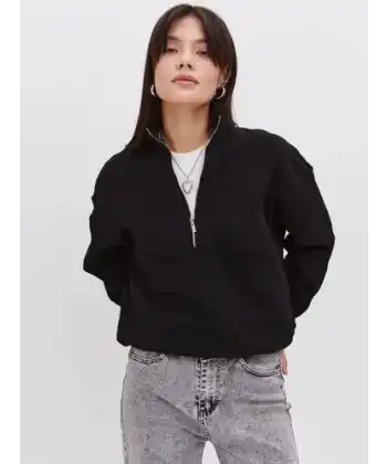 Kadın 3 İplik Pamuklu Oversize Yarım Fermuarlı Yakalı Basic Sweatshirt - Siyah