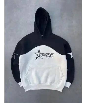 Kadın 3 İplik Pamuklu Parçalı Nakış İşlemelı Kapüşonlu SweatShirt Hoodie - Siyah