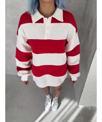 Kadın 3 İplik Pamuklu Parçalı Yakalı SweatShirt - Kırmızı