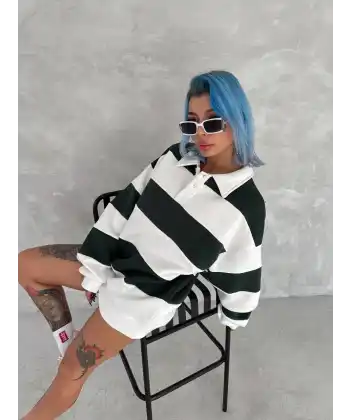 Kadın 3 iplik Pamuklu Parçalı Yakalı SweatShirt - Yeşil