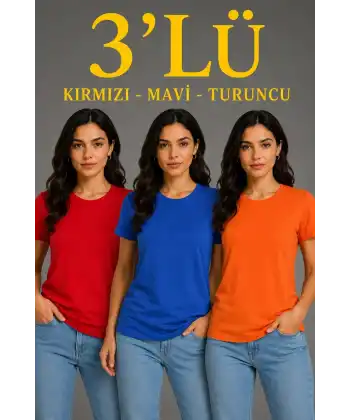 Kadın 3’lü Kısa Kollu Bisiklet Yaka Basic Slim Fit T-Shirt - Kırmızı - Mavi - Turuncu