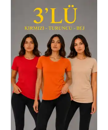 Kadın 3’lü Kısa Kollu Bisiklet Yaka Basic Slim Fit T-Shirt - Kırmızı - Turuncu - Bej