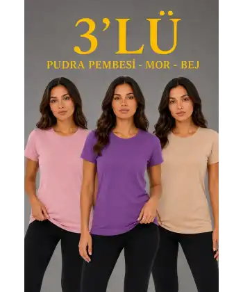 Kadın 3’lü Kısa Kollu Bisiklet Yaka Basic Slim Fit T-Shirt - Pudra Pembe - Mor - Bej