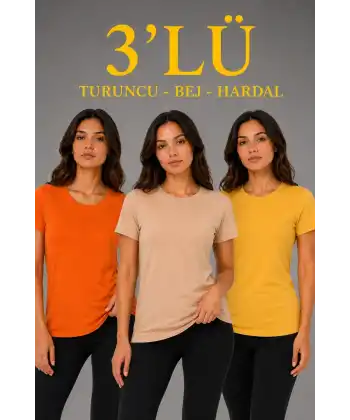 Kadın 3’lü Kısa Kollu Bisiklet Yaka Basic Slim Fit T-Shirt - Turuncu - Bej - Hardal