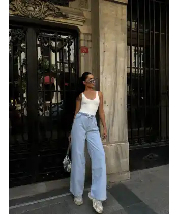 Kadın Arkadan Yırtmaçlı Jeans Kot Palazzo Pantolon - Mavi