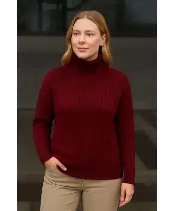 Kadın Balıkcı Yaka Bağazlı Triko Kazak Pamuklu Kalın Fitilli Dokuma - Bordo