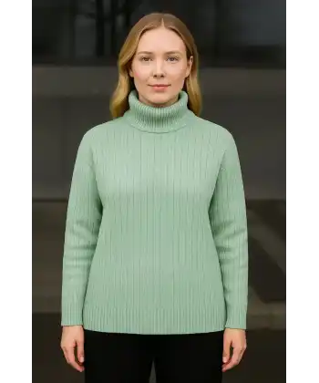 Kadın Balıkcı Yaka Bağazlı Triko Kazak Pamuklu Kalın Fitilli Dokuma - Mint Yeşili