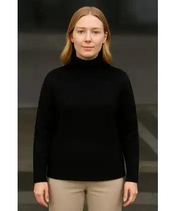 Kadın Balıkcı Yaka Bağazlı Triko Kazak Pamuklu Kalın Fitilli Dokuma - Siyah