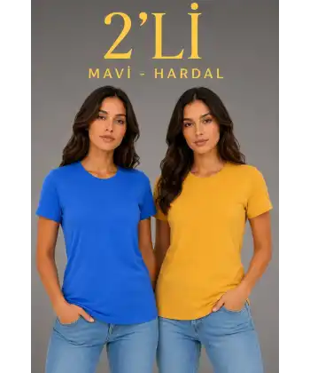 Kadın Basic Bisiklet Yaka Yazlık Slim fit T-Shirt - Mavi & Hardal Sarısı