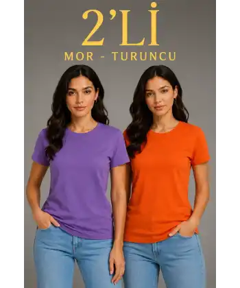 Kadın Basic Bisiklet Yaka Yazlık Slim fit T-Shirt - Mor  & Turuncu
