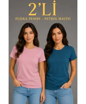 Kadın Basic Bisiklet Yaka Yazlık Slim fit T-Shirt - Pudra Pembe & Petrol Mavi