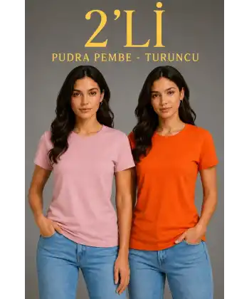Kadın Basic Bisiklet Yaka Yazlık Slim fit T-Shirt - Pudra Pembe & Turuncu