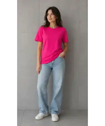 Kadın Basic Pamuklu Tişört Bisiklet Yaka Düz Renk Relaxed Fit T-Shirt - Fuşya
