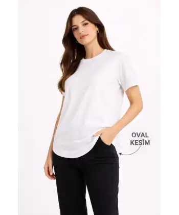 Kadın Basic T-Shirt Kısa Kol Bisiklet Yaka Oval Kesim Tişört - Beyaz