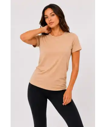 Kadın Basic Tişört Bisiklet Yaka Kısa Kol Günlük Yazlık Slim fit T-Shirt - Bej