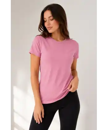Kadın Basic Tişört Bisiklet Yaka Kısa Kol Günlük Yazlık Slim fit T-Shirt - Pembe