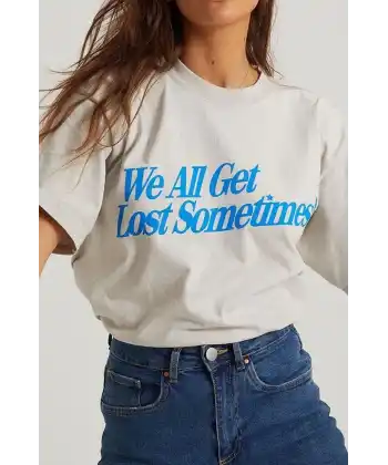 Kadın Baskılı Oversize kısa kol T-Shirt - Beyaz