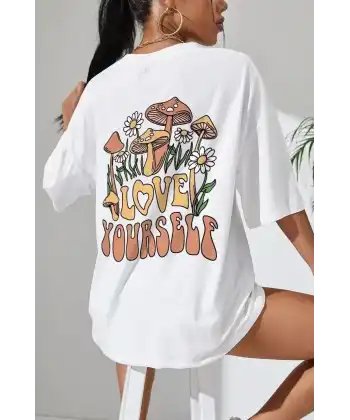 Kadın Baskılı Oversize kısa kol T-Shirt - Beyaz