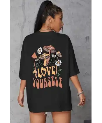 Kadın Baskılı Oversize kısa kol T-Shirt - Siyah