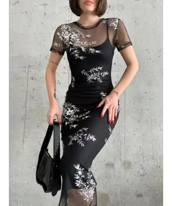 Kadın Baskılı Şifon Kimono Elbise - Siyah