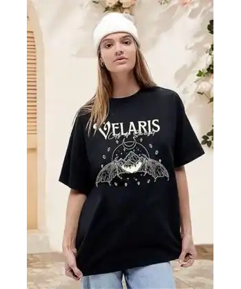 Kadın Baskılı T-Shirt Kısa Kol Bisiklet Yaka Oversize Rahat Kalıp Tişört - Siyah