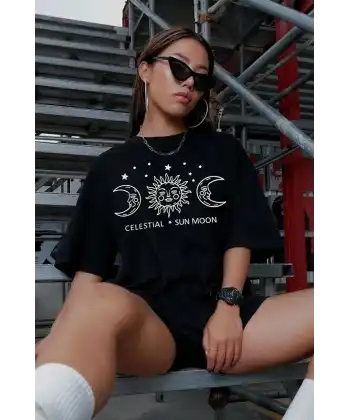 Kadın Baskılı T-Shirt Kısa Kol Bisiklet Yaka Oversize Rahat Kalıp Tişört - Siyah