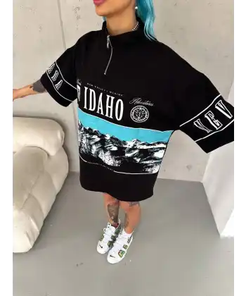 Kadın Baskılı Yarım Fermuarlı Kısa kol T-Shirt - Siyah