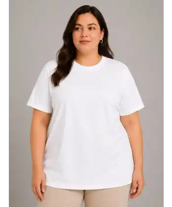 Kadın Battal Big Size Basic Tişört Bisiklet Yaka Rahat Kalıp T-Shirt - Beyaz