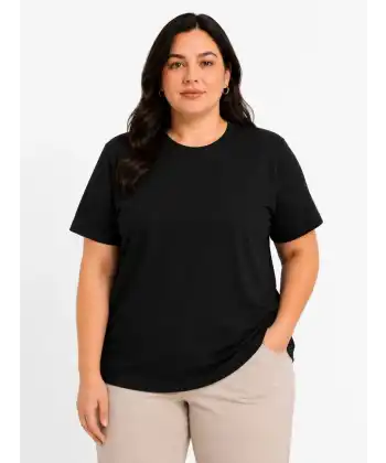Kadın Battal Big Size Basic Tişört Bisiklet Yaka Rahat Kalıp T-Shirt - Siyah