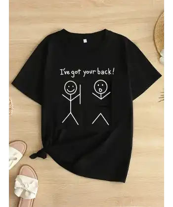 Kadın Beyaz Ive Got Your Back Grafik Tişört - Eğlenceli Çubuk Tasarımlı Oversize Günlük Kısa Kollu Tişört, Polyester Örgü, Yuvarlak Yaka, İlkbahar ve Yaz için Mükemmel, Günlük Giyim Tişört | Eğlenceli Tasarım | Polyester Kumaş- Siyah