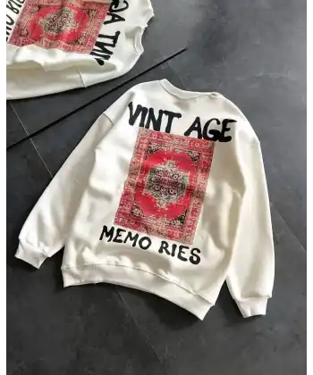 Kadın Bisiklet Yaka 3 İplik Baskılı Oversize SweatShirt - Beyaz