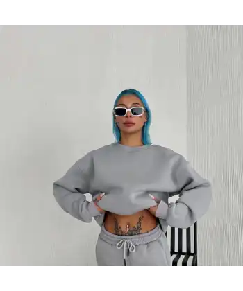 Kadın Bisiklet Yaka 3 İplik Pamuklu Basic SweatShirt - Gri
