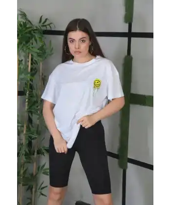 Kadın Bisiklet Yaka Baskılı Kısa kol Oversize T-Shirt - Beyaz